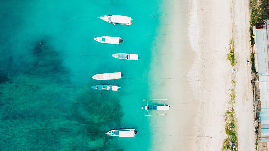 beautiful boats. Aerial view of boats in Nusa Penida island