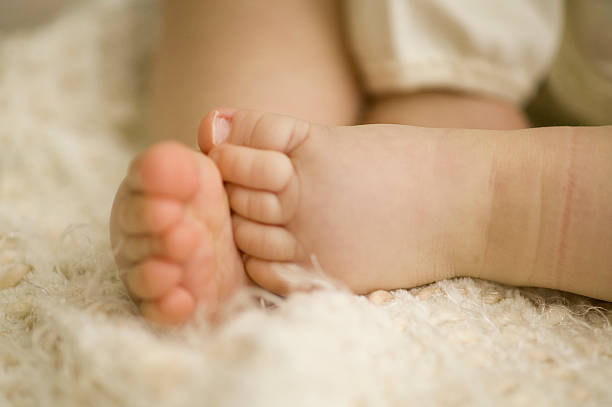 Baby feet on a blanket stock photo