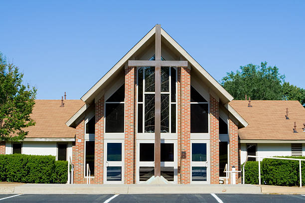 Outside of a Modern Church, Big Cross, Wide Angle Lens stock photo