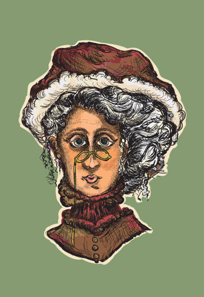 Victorian Mrs Claus portrait Vector illustration of an old-fashioned, colorized Victorian or steampunk Mrs Claus. Mrs Claus features bonnet with fluffy white trim, and glasses on the end of her nose. Download includes Illustrator 8 eps with green background* on separate layer and high resolution jpg and png file.  steampunk woman stock illustrations