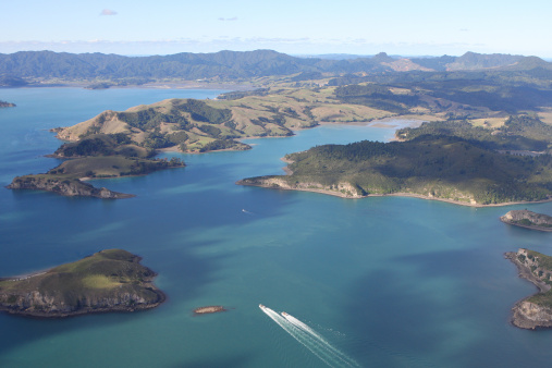 Aerial view of the Cormandel coast, south of Coromandel town, New Zealand
