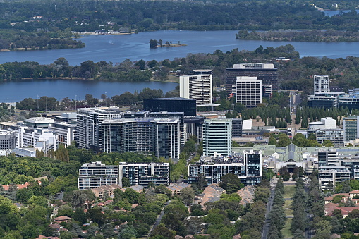 Aerial landscape view of Canberra CBD (central business district) Australia Capital Territory