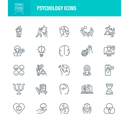 Psychology Line Icons. Editable Stroke. Pixel Perfect. For Mobile and Web. Contains such icons Thinking, Contemplation, Mental Health, Head, Vector, Healthcare And Medicine, Neuroscience