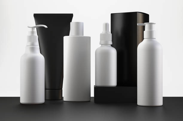 Balck and white cosmetic packaging mockup. Jar, dropper, bottle with press pump, small and high bottles