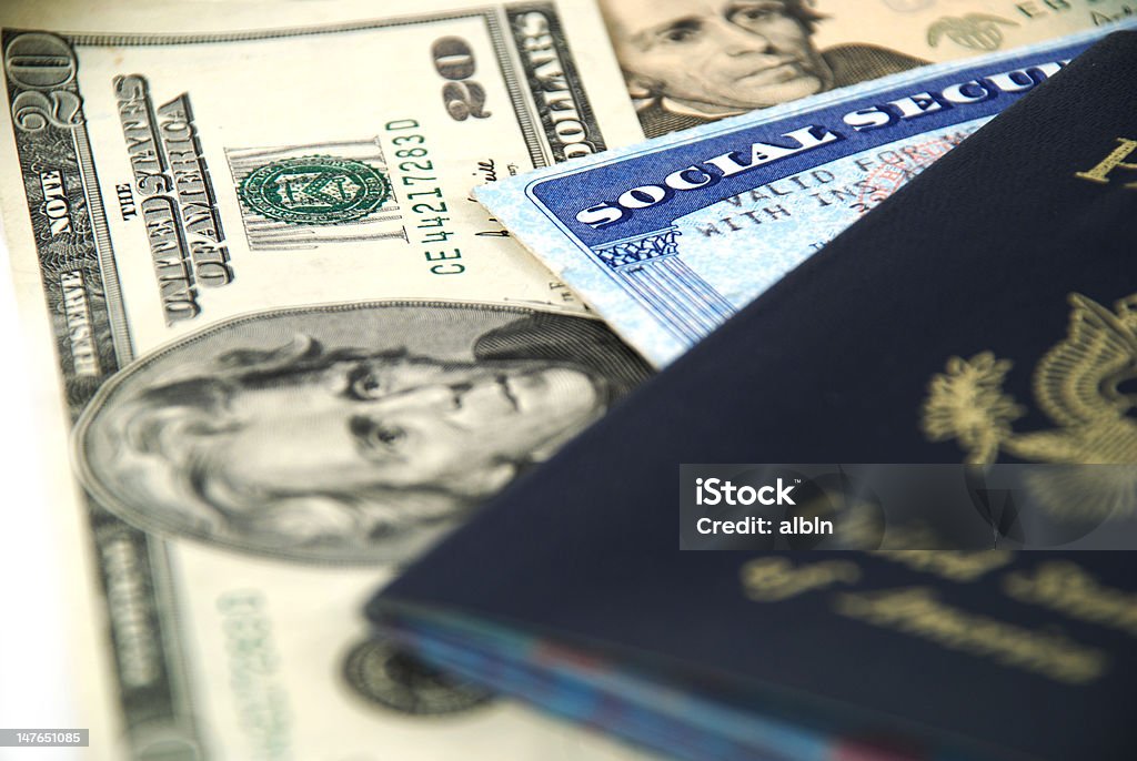 documents documents social security passport and cash Blue Stock Photo