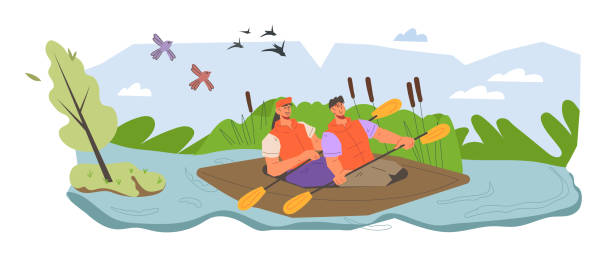 Traveling on the river in a kayak or canoe, flat cartoon vector illustration isolated. Traveling on the river in a kayak or canoe, flat cartoon vector illustration isolated on white background. People in kayak boat on river or lake. Water activities and sports, tourism and adventure. river clipart stock illustrations