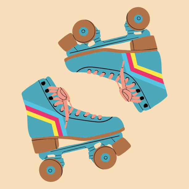stockillustraties, clipart, cartoons en iconen met multicolored retro roller skates, quads. vector illustration in cartoon style. healthy lifestyle. - rolschaatsen ijs of rolschaatsen