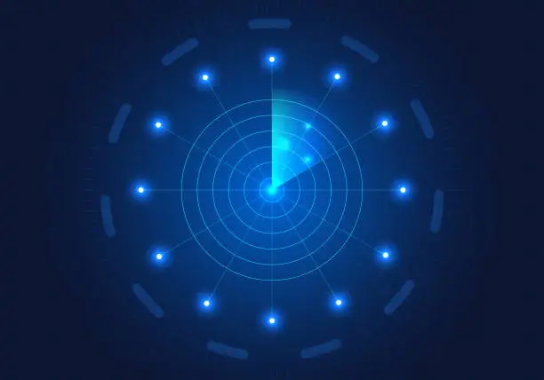 Vector illustration of Background Radar has a circle in the center around which there is a glow. Radar is a technology used to monitor what is coming. It can be used in the military, in airports, or to detect