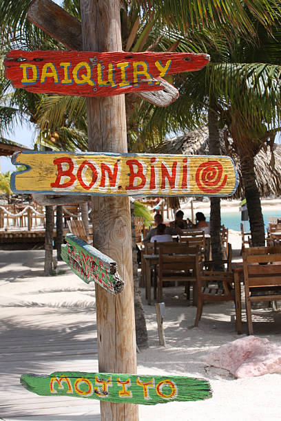 Welcome sign in front of beach bar. stock photo