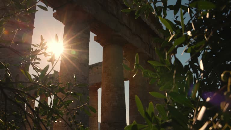 Slow motion of sun shining through Temple of Concordia seen through plants