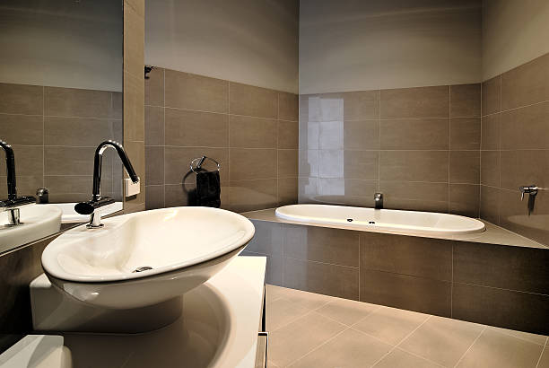istock Overview of beige themed modern bathroom 147652870