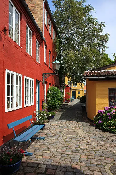 Colorful street in a small danish town on the island Bornholm in the baltic sea, Scandinavia.