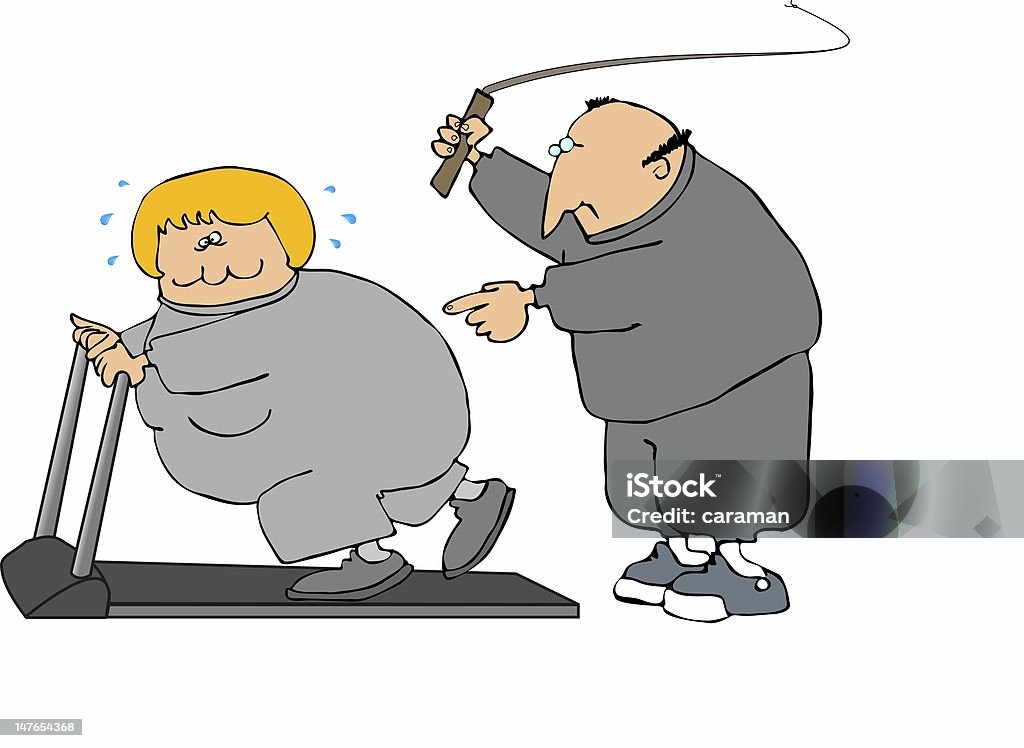 Hard Workout This illustration depicts a man cracking a whip over a chubby woman walking on a treadmill. Adult stock illustration