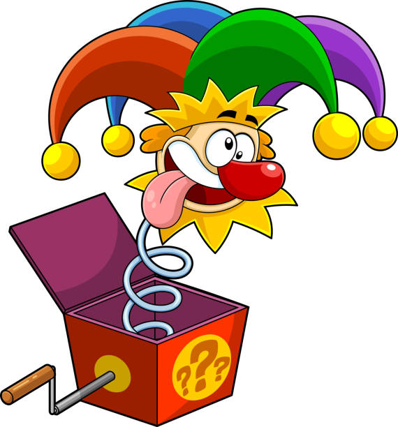 Funny Jolly Jester Cartoon Character Exit From Surprise Box vector art illustration