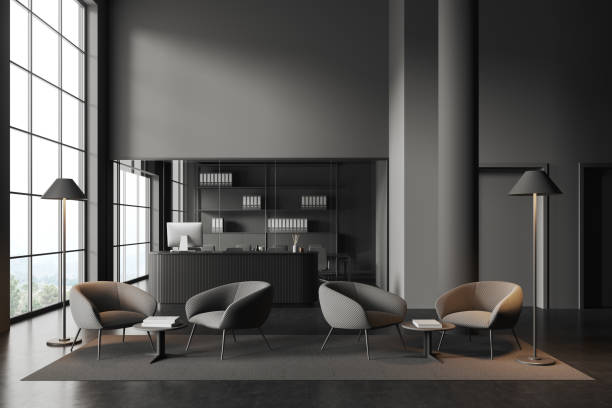 istock Grey office interior with relax area and reception desk, panoramic window 1476550770