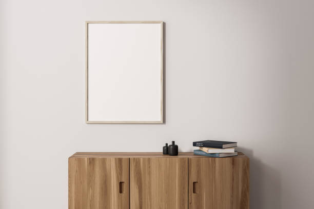 istock Light exhibition room interior with drawer and decor, mockup frame 1476552741