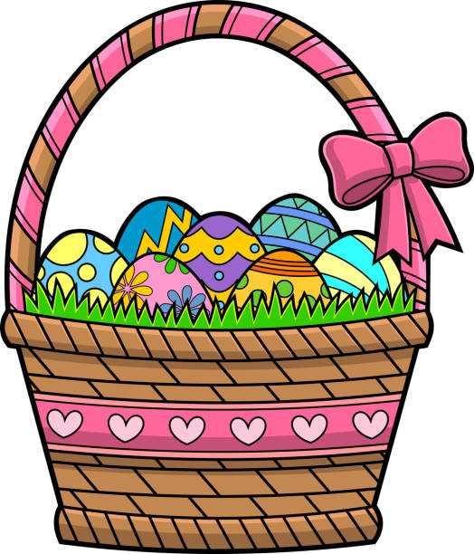 ilustraciones, imágenes clip art, dibujos animados e iconos de stock de cesta de pascua de dibujos animados con huevos de colores - picnic basket christianity holiday easter