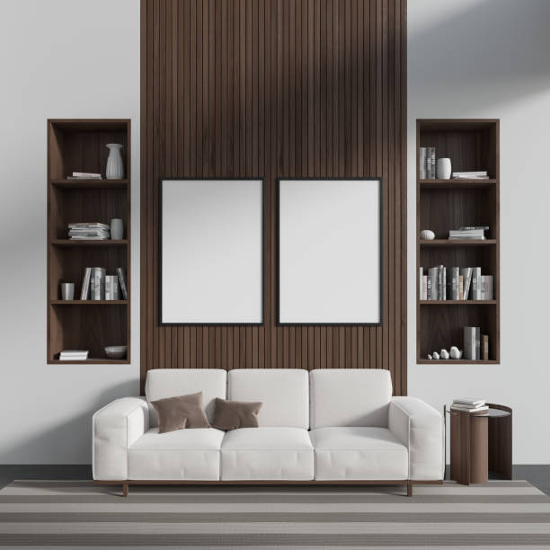 istock Bright living room interior with two white empty posters 1476553332