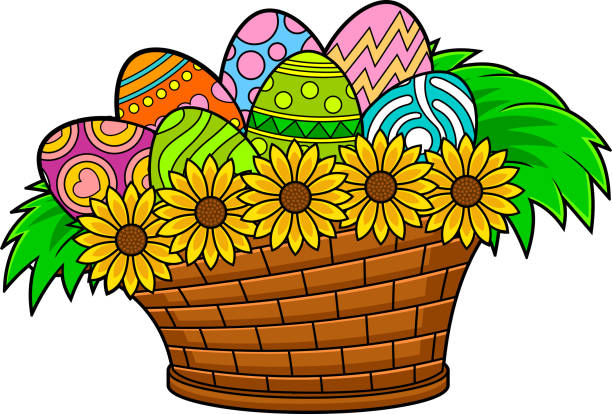 ilustrações, clipart, desenhos animados e ícones de cesta de páscoa dos desenhos animados com ovos e flores coloridos - picnic basket christianity holiday easter