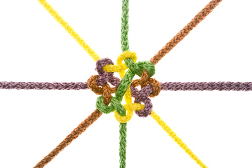 Ropes tied in knot illustrating concepts of complex relationship, protection, strength, stress, network