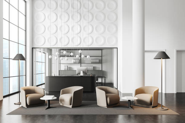 istock Light office interior with consulting area and reception desk, panoramic window 1476553690