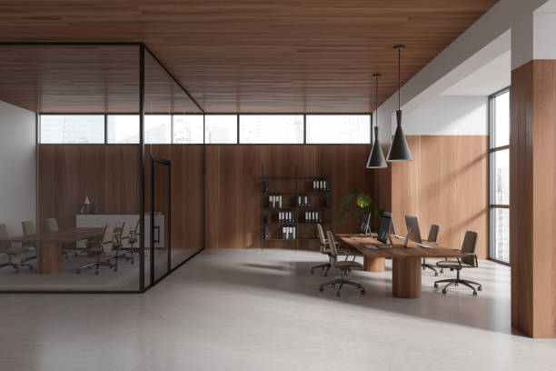 istock Business interior with pc computer on desk, panoramic window on city view 1476554576