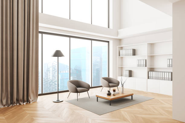 istock Stylish business interior with chill corner and shelf, panoramic window 1476555780