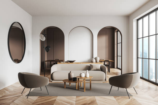 istock Light living room interior with relaxing and dining area, panoramic window 1476556942