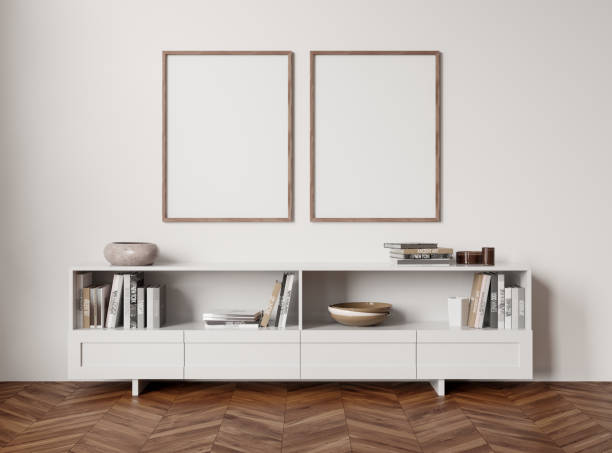 istock Stylish gallery room interior with sideboard and decoration, mockup frames 1476558238