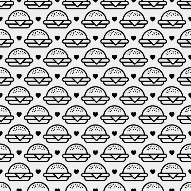 Vector illustration of Burger seamless pattern. Hamburger motif. Fast food line emblem ornament