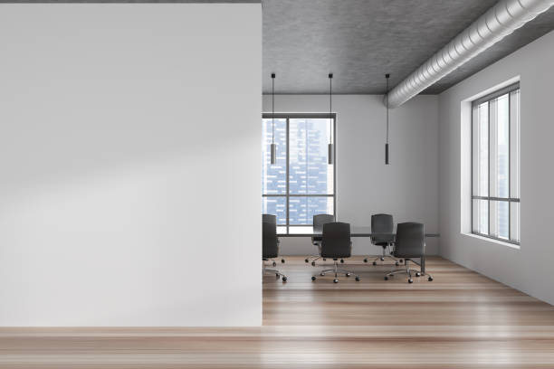 istock Modern office room interior with conference board and window, mockup wall 1476559554