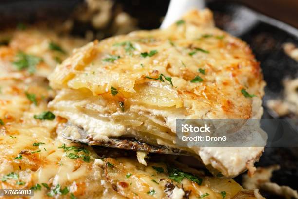 Creamy Gratin Dauphinois Potato With Melted Cheese Stock Photo - Download Image Now - Scalloped Potatoes, Cheese, Gourmet