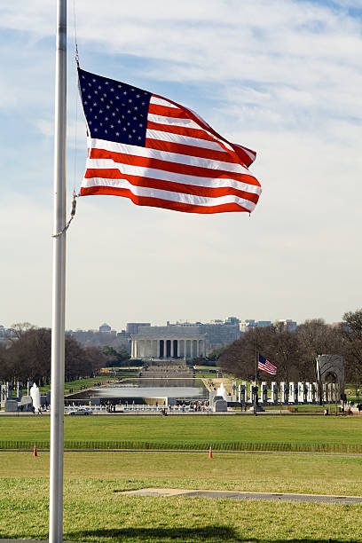 istock World War Two and Lincoln Memorials, Flag, Mall, Washington DC 147656073