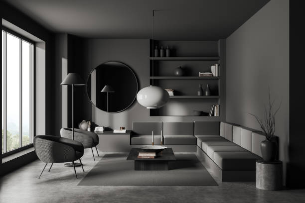 istock Grey living room interior with couch and chairs, shelf with window 1476560810