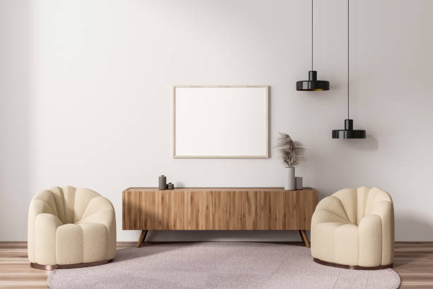 istock Stylish living room interior with armchair and sideboard, mockup frame 1476561482