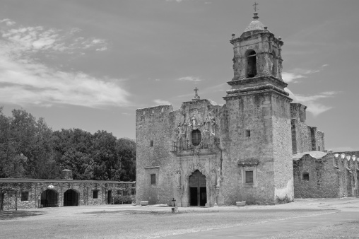 Black and white photo of Mission San Jose in San Antonio Texas.