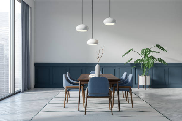 istock Modern eating room interior with dinner table and seats, panoramic window 1476562868