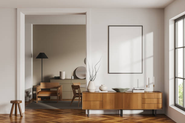 istock Light living room interior with armchairs and drawer near window. Mockup frame 1476562930