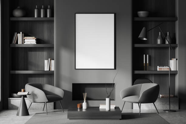 istock Grey chill interior with chairs and fireplace with decoration. Mockup frame 1476563491