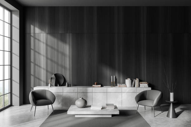 istock Front view on dark living room interior with armchairs 1476564328