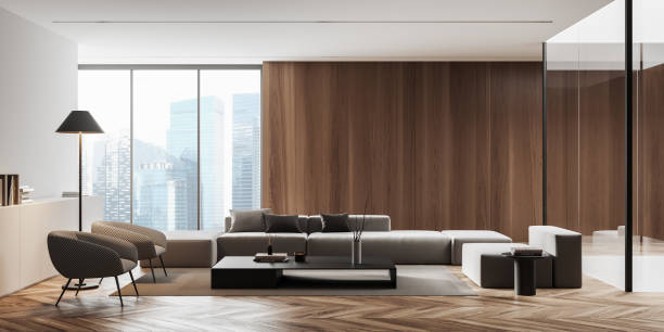 istock Light meeting room interior with couch and armchairs, panoramic window 1476564871