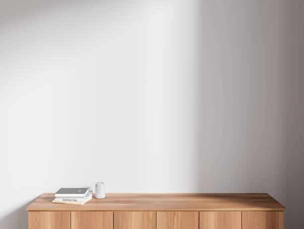 istock Dark wooden cabinet near white wall 1476564950
