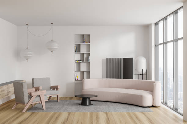 istock Front view on bright living room interior with sofa, armchairs 1476567415
