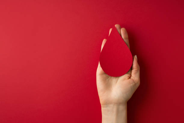 concept de la journée mondiale des donateurs avec une goutte rouge en papier tenant à la main sur fond blanc - don du sang photos et images de collection
