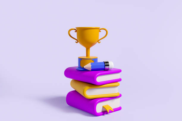 istock Stack of books and champion cup on purple background 1476568310
