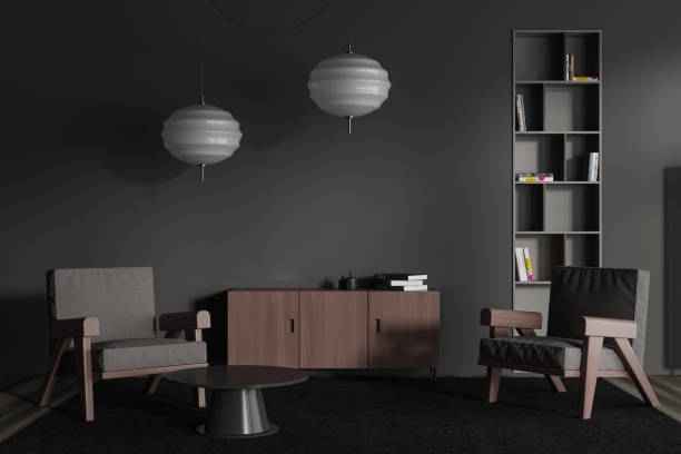 istock Front view on dark living room interior with armchairs 1476568353
