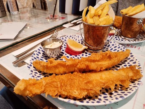 Traditional English fish and chips dish at glasgow scotland england uk