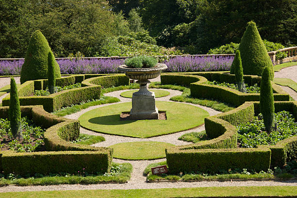 Flowerbeds, Grass Pathway and Ornamental Vase in a Formal Garden