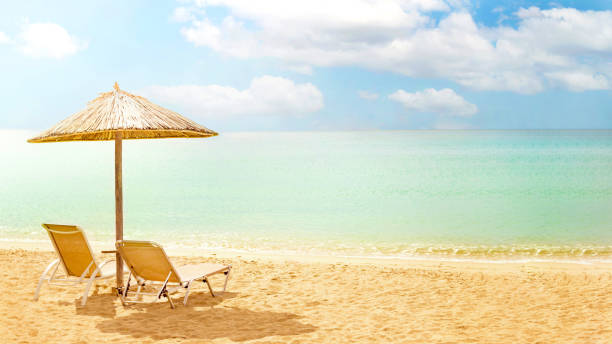 istock Straw umbrella and two sunbeds on a sunny golden beach seashore. 1476574047