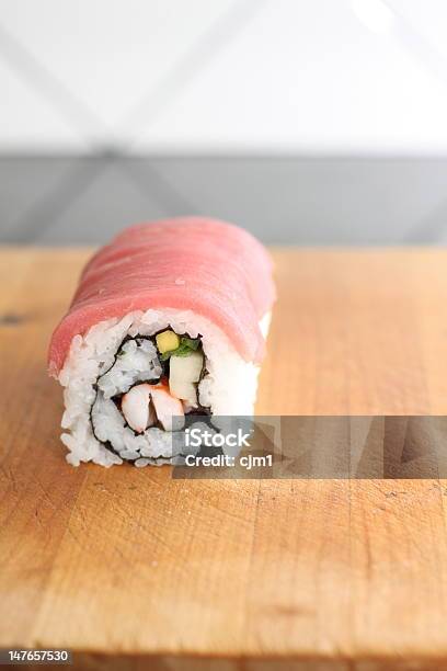 Tuna And Shrimp Sushi Roll Stock Photo - Download Image Now - Asia, Cucumber, Cutting Board